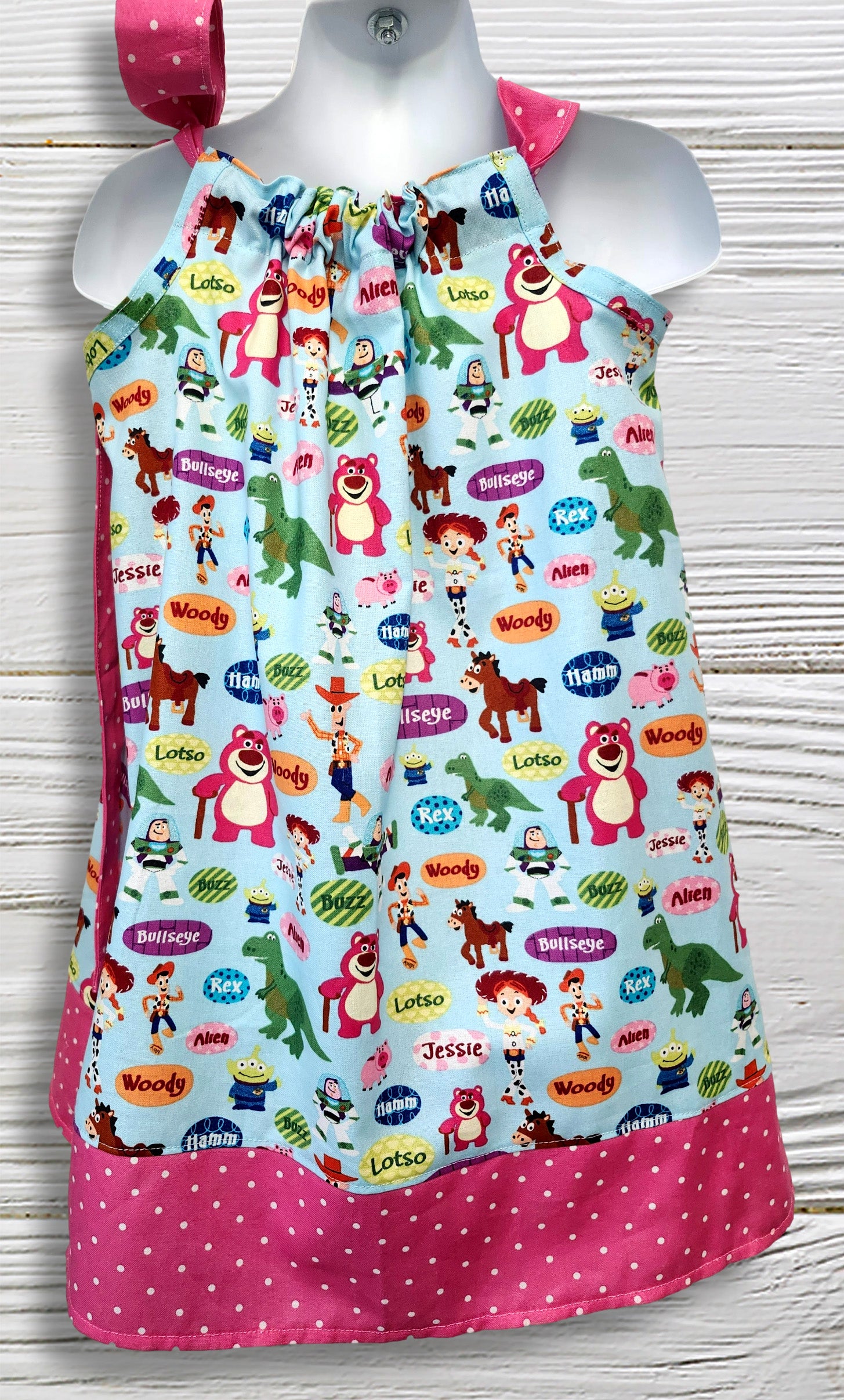 back of Pillowcase dress in a Toy Story print fabric