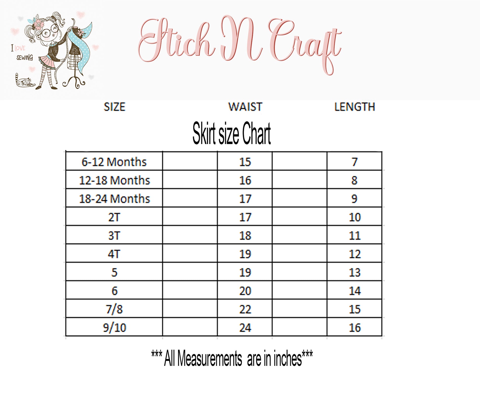 Skirt size chart 