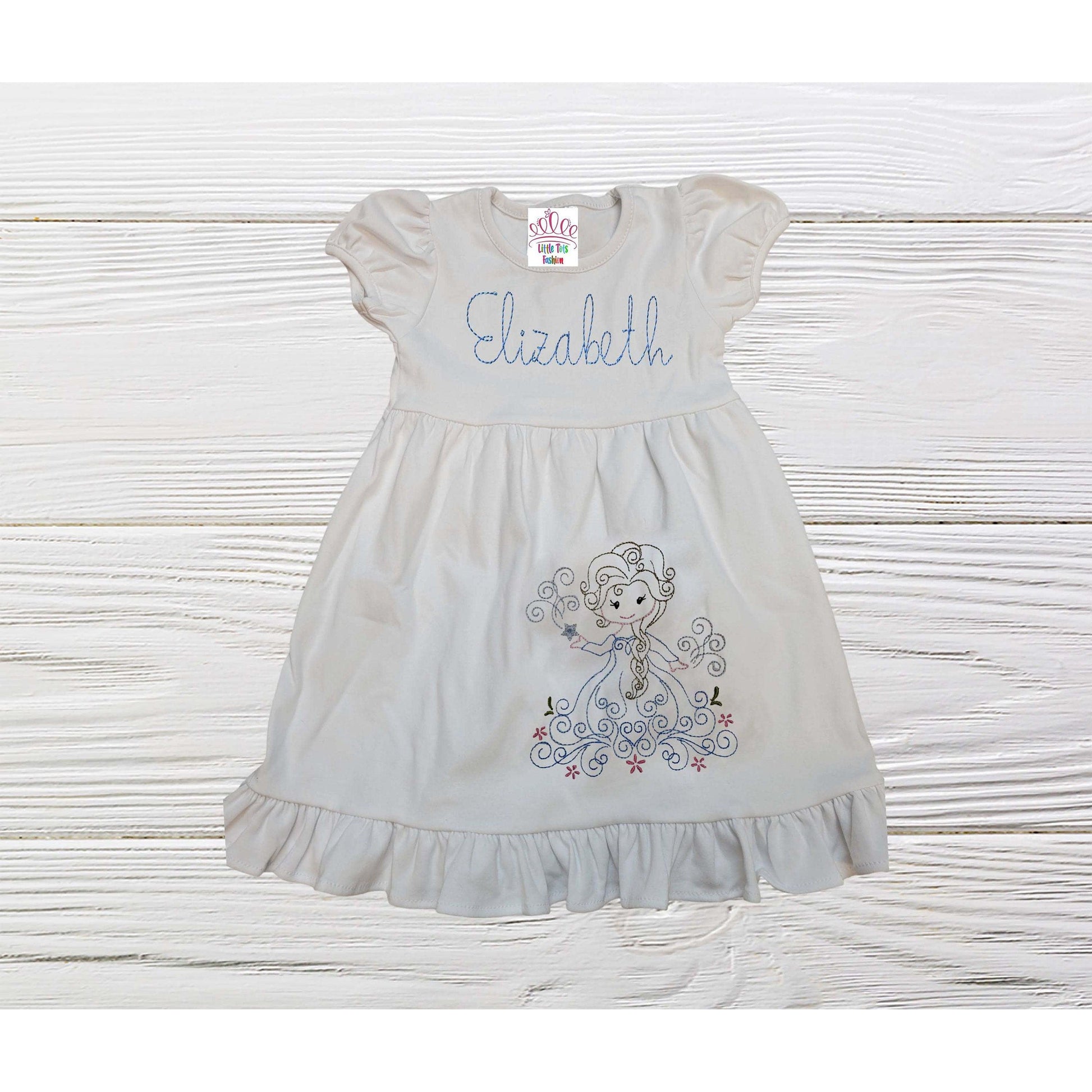 Full view of the white Elsa Frozen Dress with a princess design