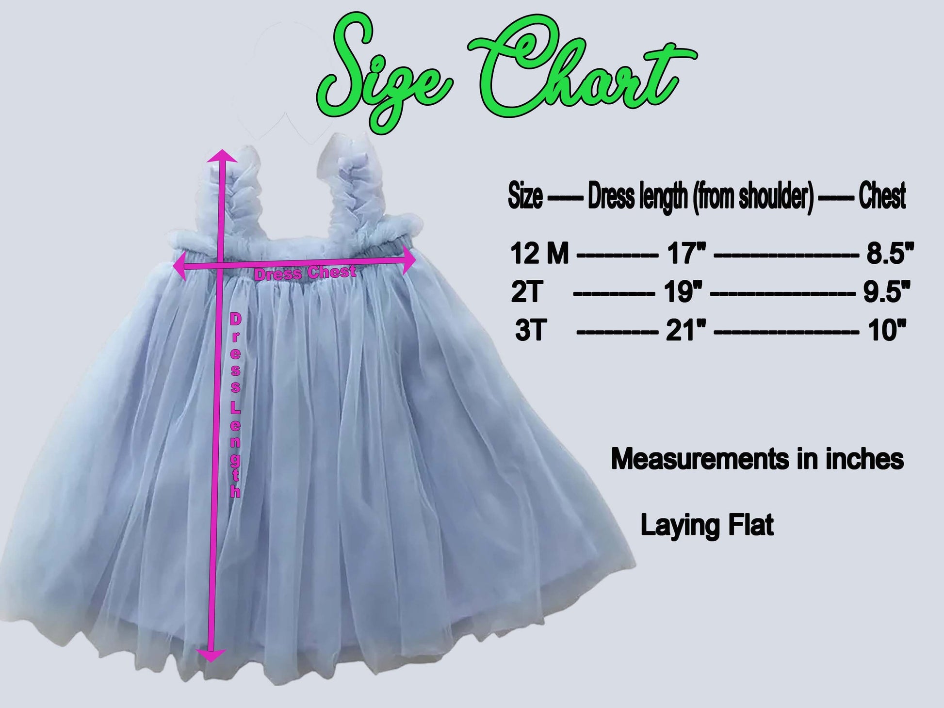 baby blue tulle dress size chart