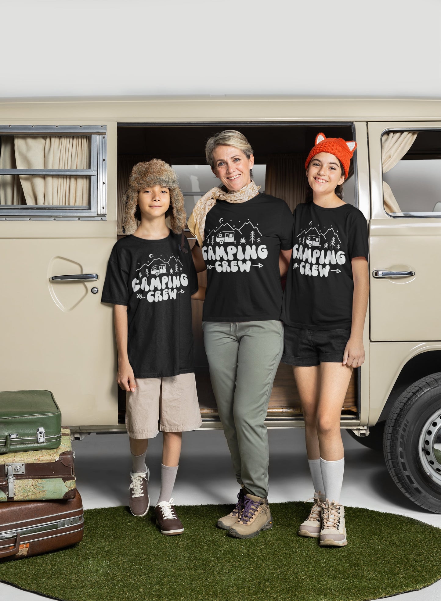 Family camping wearing Camping Crew shirts in black color