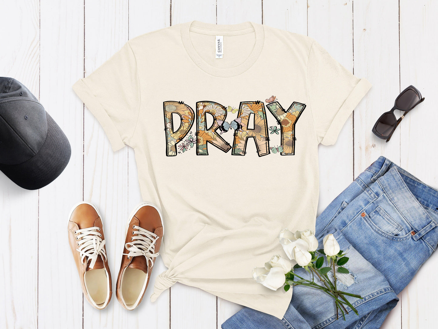 Christian tee shirts Pray  natural  color shirt 