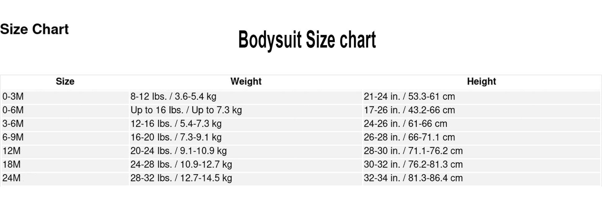 Bodysuit size chart